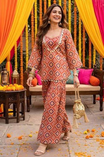 Brick red geometric print kurti crop-top sharara set