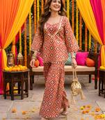 Brick red geometric print kurti crop-top sharara set