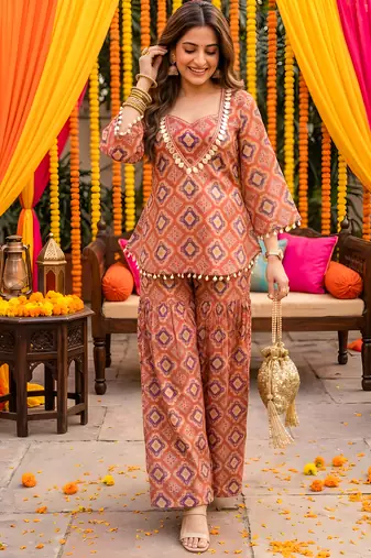 Brick red geometric print kurti crop-top sharara set
