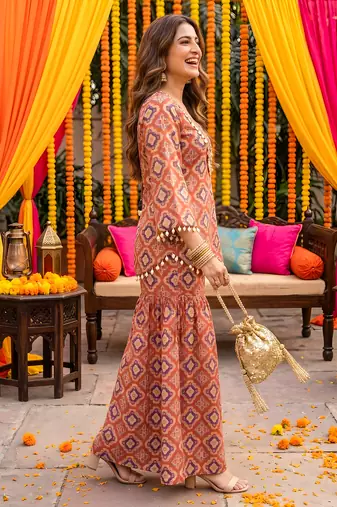 Brick red geometric print kurti crop-top sharara set