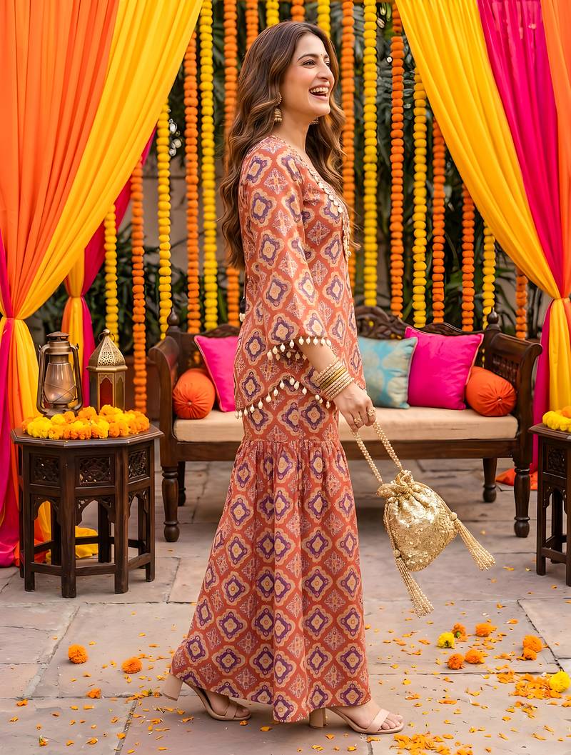Brick red geometric print kurti crop-top sharara set