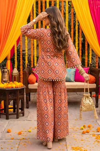 Brick red geometric print kurti crop-top sharara set