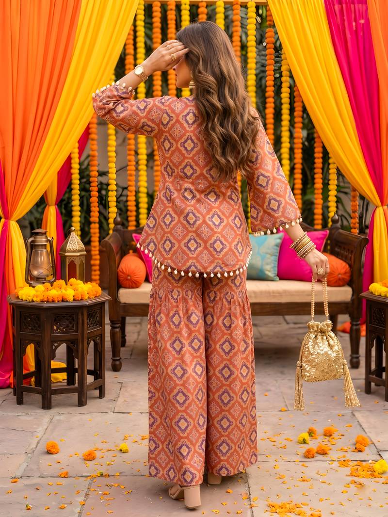 Brick red geometric print kurti crop-top sharara set