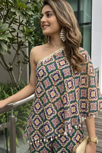 Forest green geometric one-shoulder co-ord set