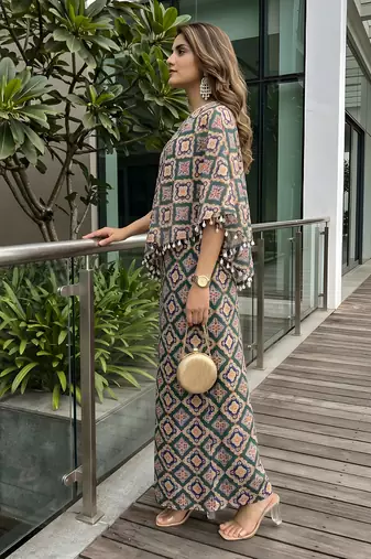 Forest green geometric one-shoulder co-ord set