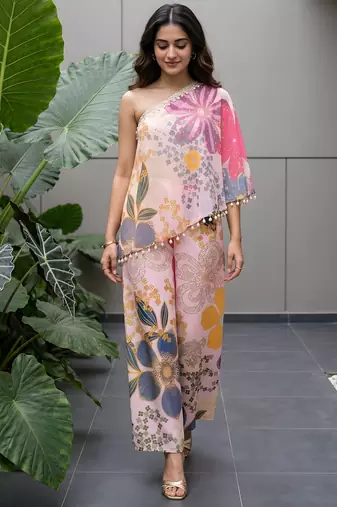 Vintage pink floral one-shoulder co-ord set