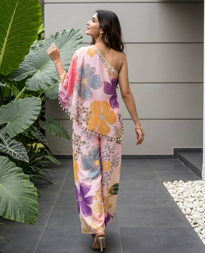 Vintage pink floral one-shoulder co-ord set