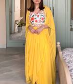 Yellow embroidered crop-top & draped skirt co-ord set