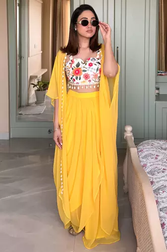 Yellow embroidered crop-top & draped skirt co-ord set