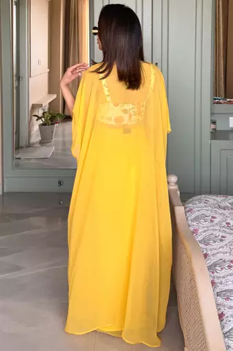 Yellow embroidered crop-top & draped skirt co-ord set