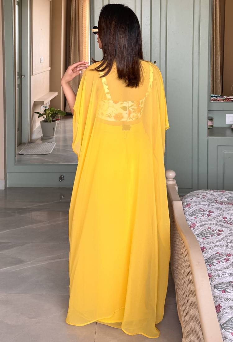 Yellow embroidered crop-top & draped skirt co-ord set