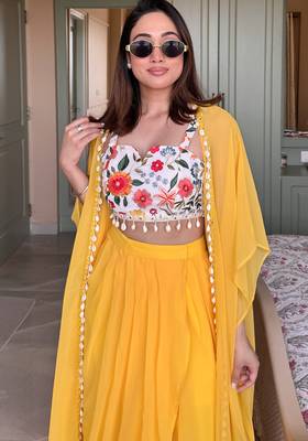 Yellow embroidered crop-top & draped skirt co-ord set 4