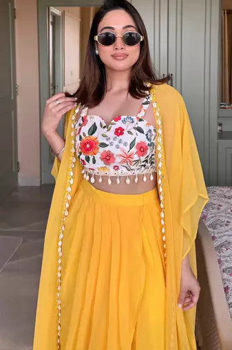 Yellow embroidered crop-top & draped skirt co-ord set