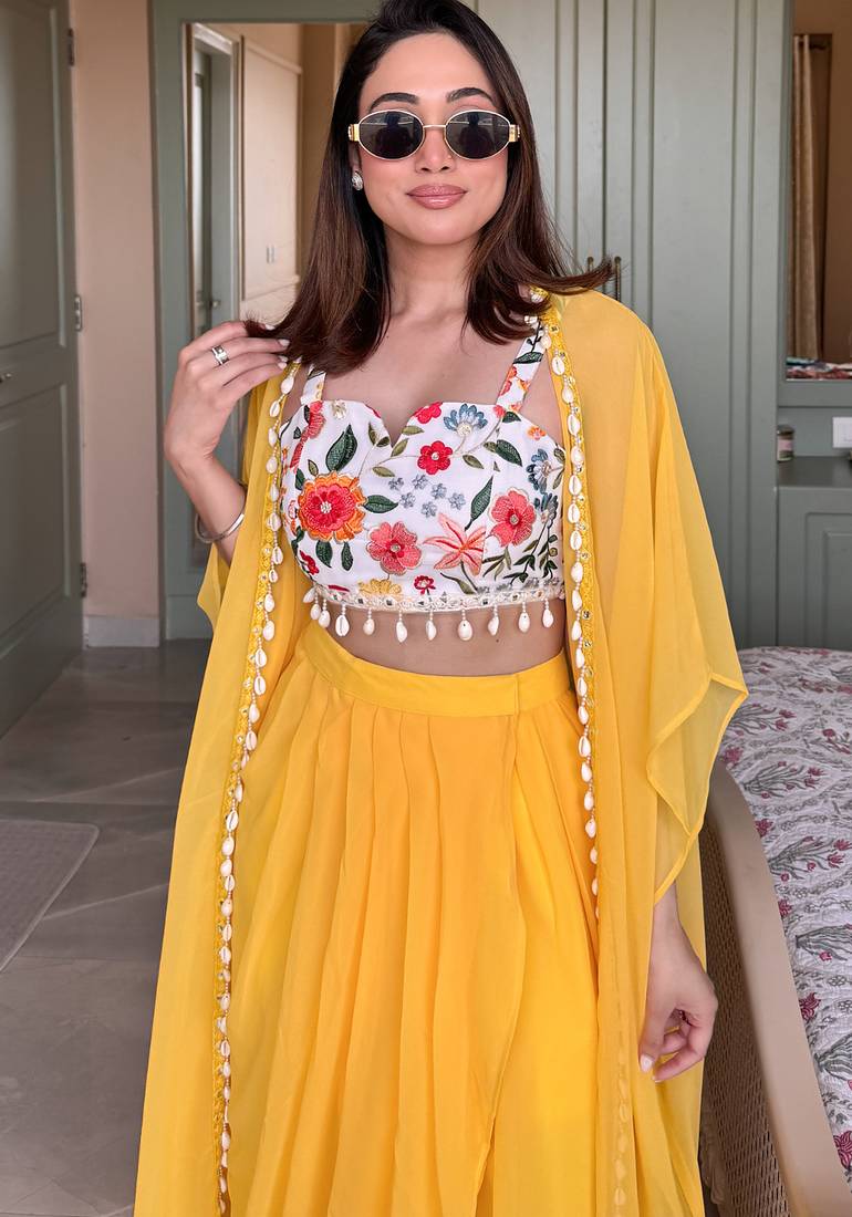 Yellow embroidered crop-top & draped skirt co-ord set