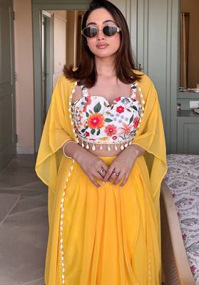 Yellow embroidered crop-top & draped skirt co-ord set 5