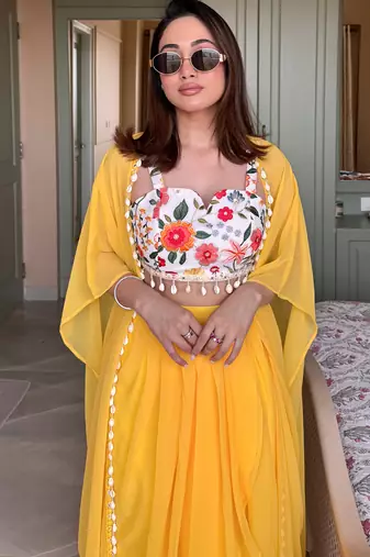 Yellow embroidered crop-top & draped skirt co-ord set