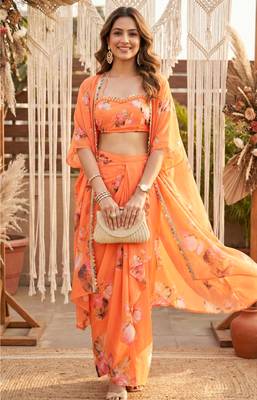 Orange lotus crop-top and draped skirt co-ord set 1