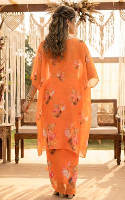 Orange lotus crop-top and draped skirt co-ord set 2