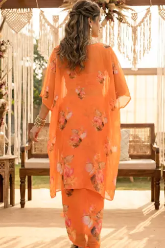 Orange lotus crop-top and draped skirt co-ord set