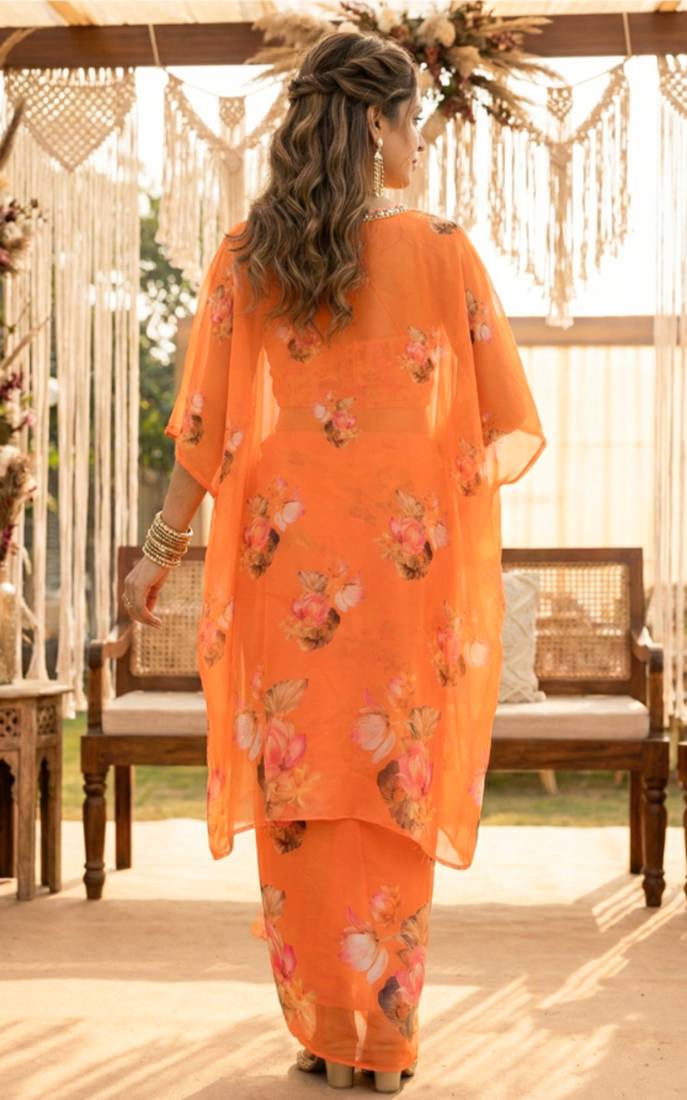Orange lotus crop-top and draped skirt co-ord set