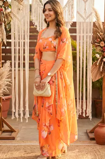 Orange lotus crop-top and draped skirt co-ord set