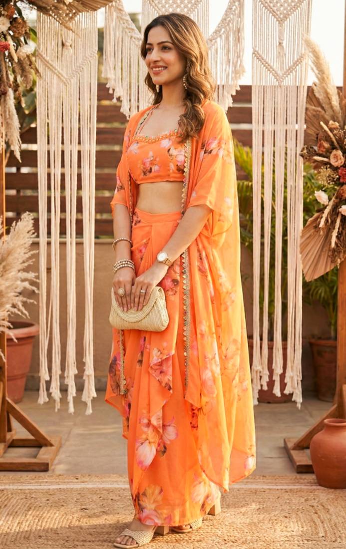 Orange lotus crop-top and draped skirt co-ord set