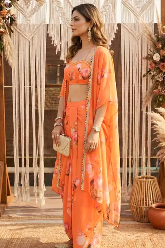 Orange lotus crop-top and draped skirt co-ord set