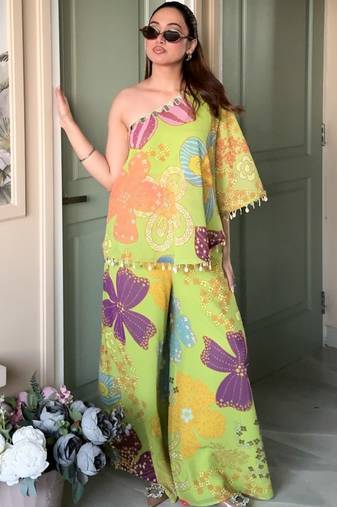 Parrot green floral one-shoulder co-ord set