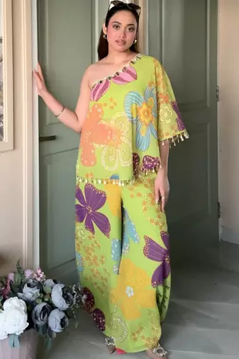 Parrot green floral one-shoulder co-ord set