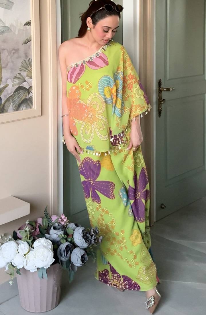 Parrot green floral one-shoulder co-ord set