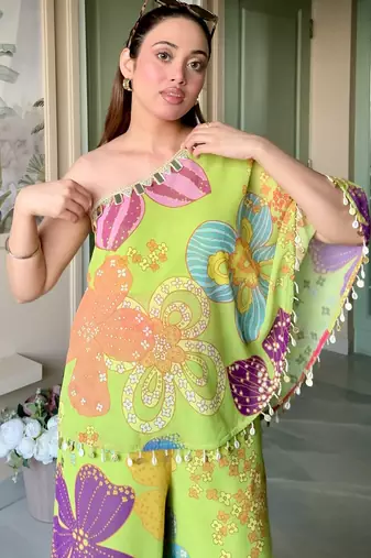Parrot green floral one-shoulder co-ord set