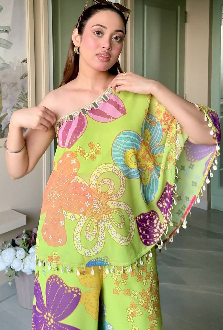 Parrot green floral one-shoulder co-ord set