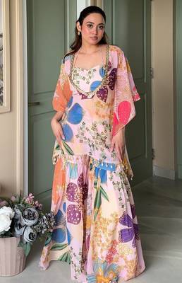 Pink floral printed crop top sharara kaftan set 1