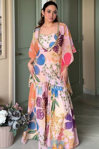 Pink floral printed crop top sharara kaftan set