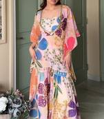 Pink floral printed crop top sharara kaftan set