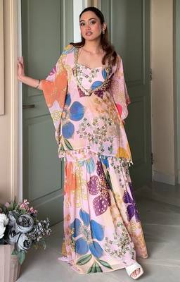 Pink floral printed crop top sharara kaftan set 2