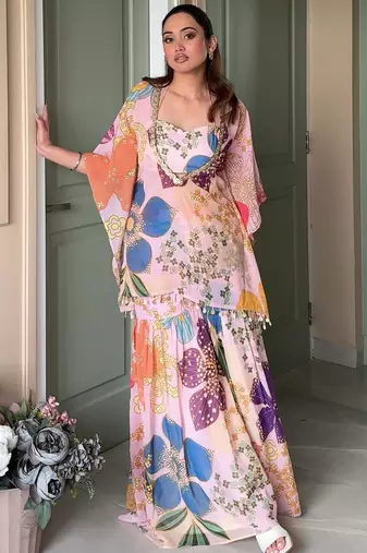 Pink floral printed crop top sharara kaftan set