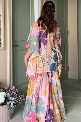 Pink floral printed crop top sharara kaftan set