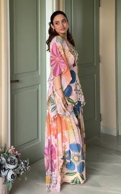 Pink floral printed crop top sharara kaftan set 4