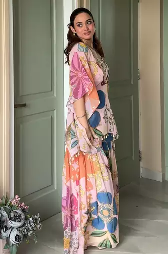 Pink floral printed crop top sharara kaftan set