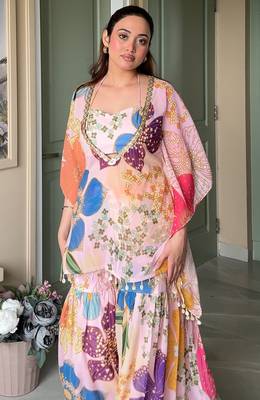Pink floral printed crop top sharara kaftan set 5
