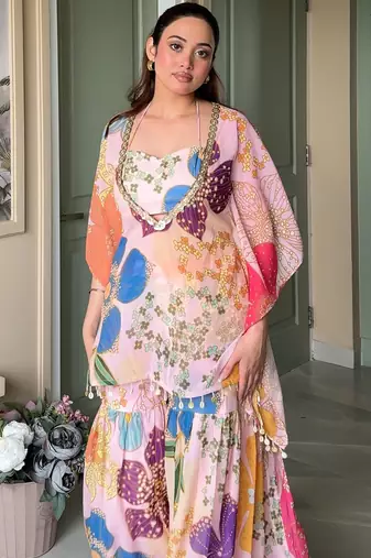 Pink floral printed crop top sharara kaftan set
