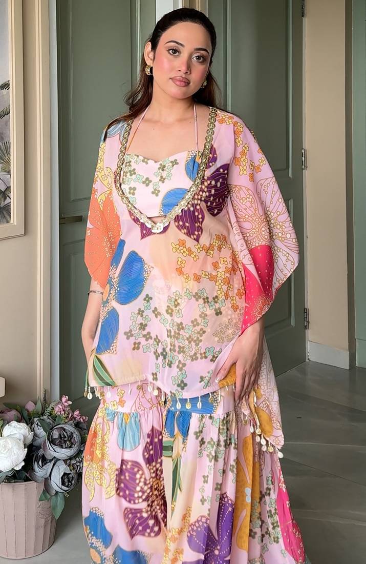 Pink floral printed crop top sharara kaftan set
