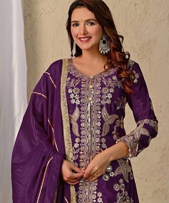 Wine Color Sequence Embroidery Work Silk Blend Salwar Suit 3