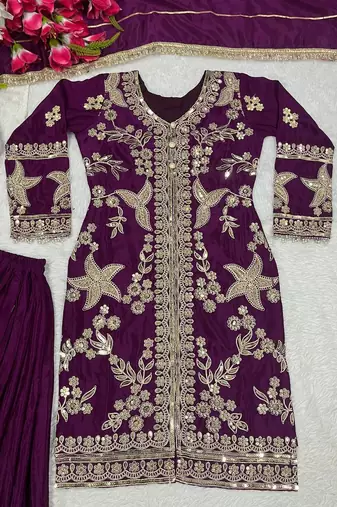 Wine Color Sequence Embroidery Work Silk Blend Salwar Suit