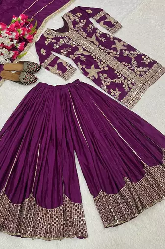 Wine Color Sequence Embroidery Work Silk Blend Salwar Suit