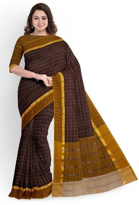 Coffee brown checked cotton blend saree with mustard border 1