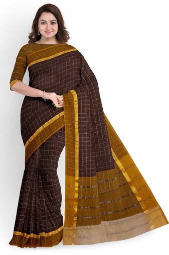 Coffee brown checked cotton blend saree with mustard border