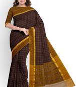 Coffee brown checked cotton blend saree with mustard border