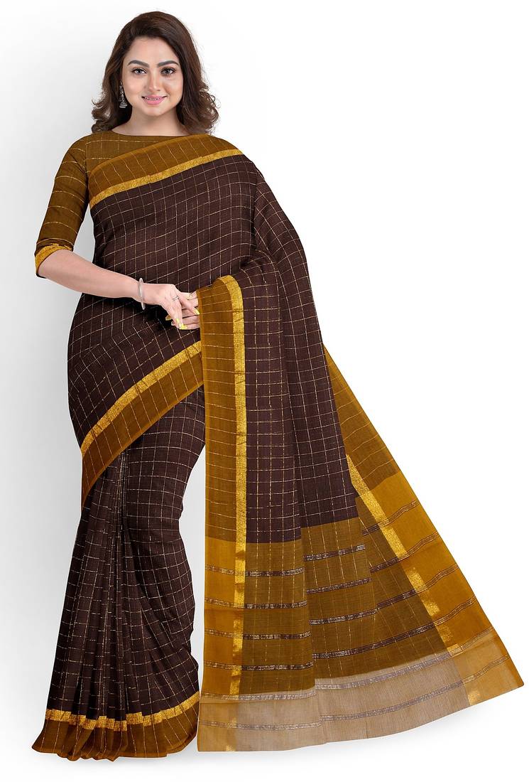 Coffee brown checked cotton blend saree with mustard border